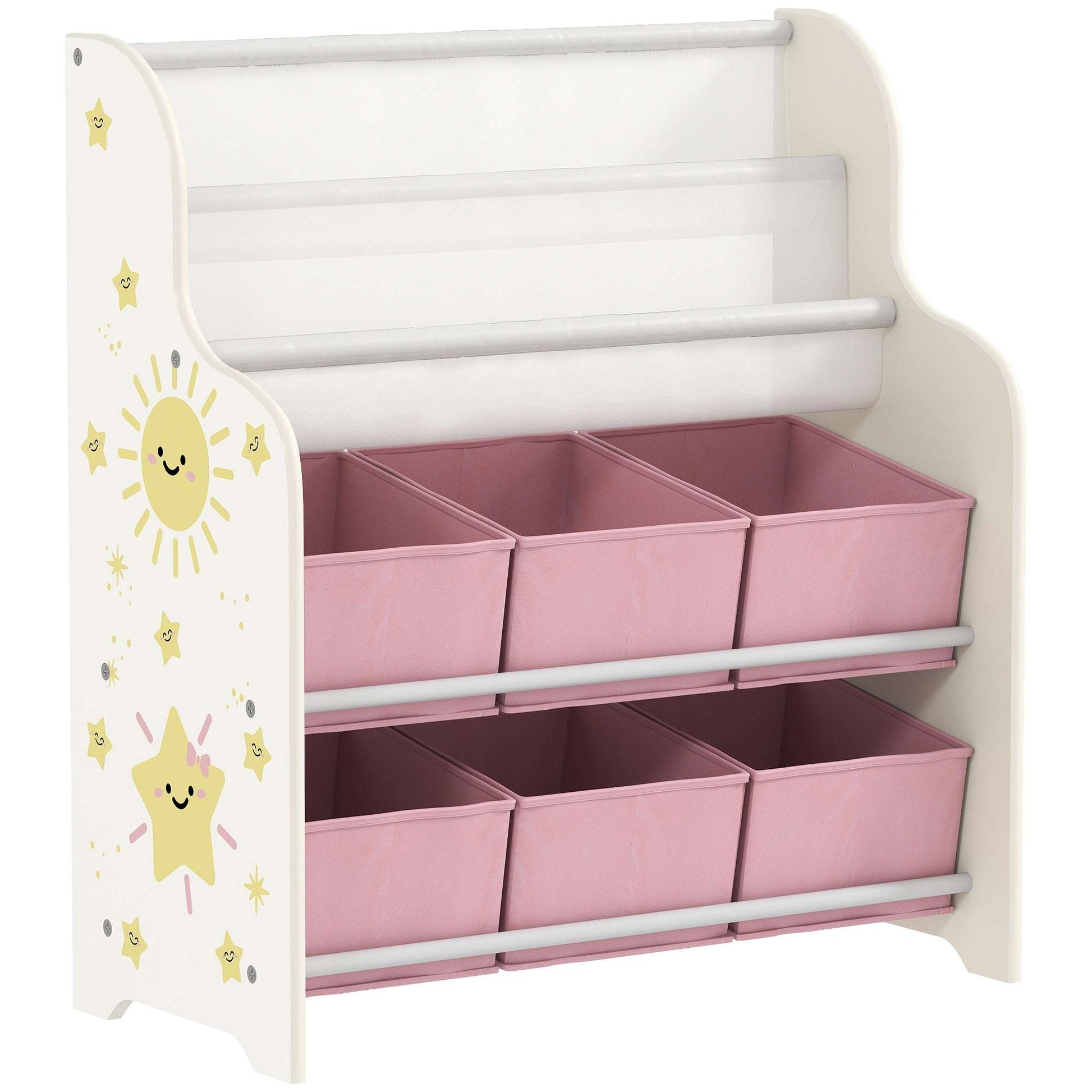 AIYAPLAY Kids Storage Unit, Toy Organiser with 6 Fabric Drawers and 2-Tier Sling Book Rack for Bedroom, Playroom, Nursery, Pink