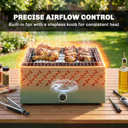 Portable Battery-Powered Charcoal BBQ Grill – Built-In Fan, Stepless Heat Control, 600°C Rated, 45.5x29cm Grill Surface, For Camping & Garden – Light Green