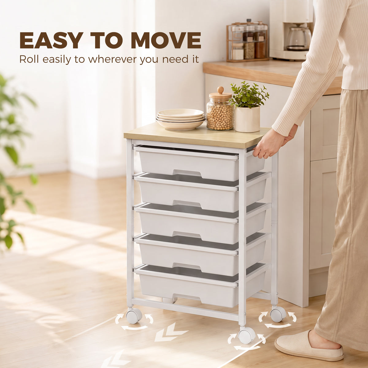 6-Tier Storage Trolley on Wheels | 5 Pull-Out Drawers | Rolling Kitchen Cart | White