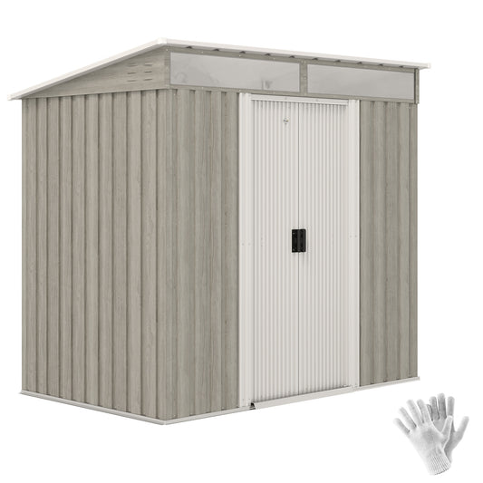 Outsunny 6.5 x 4FT Galvanised Metal Shed with Foundation Kit, Lockable Tool Garden Shed with Double Sliding Doors, Vents, Light Grey Wood Effect