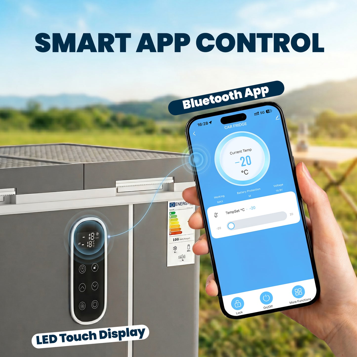 55L Dual-Zone Compressor Car Fridge Freezer | -20°C to +20°C | Bluetooth App | DC/AC | 15-Min Cool | Grey