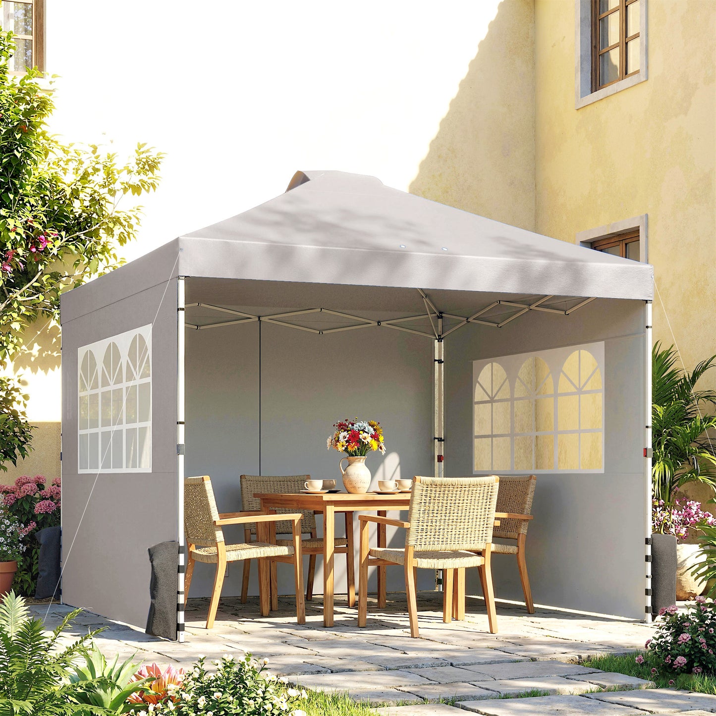 3x3m Pop-Up Canopy Gazebo | UPF50+ Waterproof 210D Oxford Fabric | 3 Detachable Sidewalls | 2 Church Windows | 2 Top Vents & 8 Drainage Holes | 3-Height Steel Frame to 285cm | 4 Guy Ropes & 12 Stakes | Wheeled Carry Bag | Grey