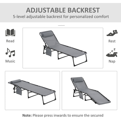 Portable Sun Lounger Set of 2, Folding Camping Bed Cot, Reclining Lounge Chair 5-position Adjustable Backrest with Side Pocket, Pillow - Grey