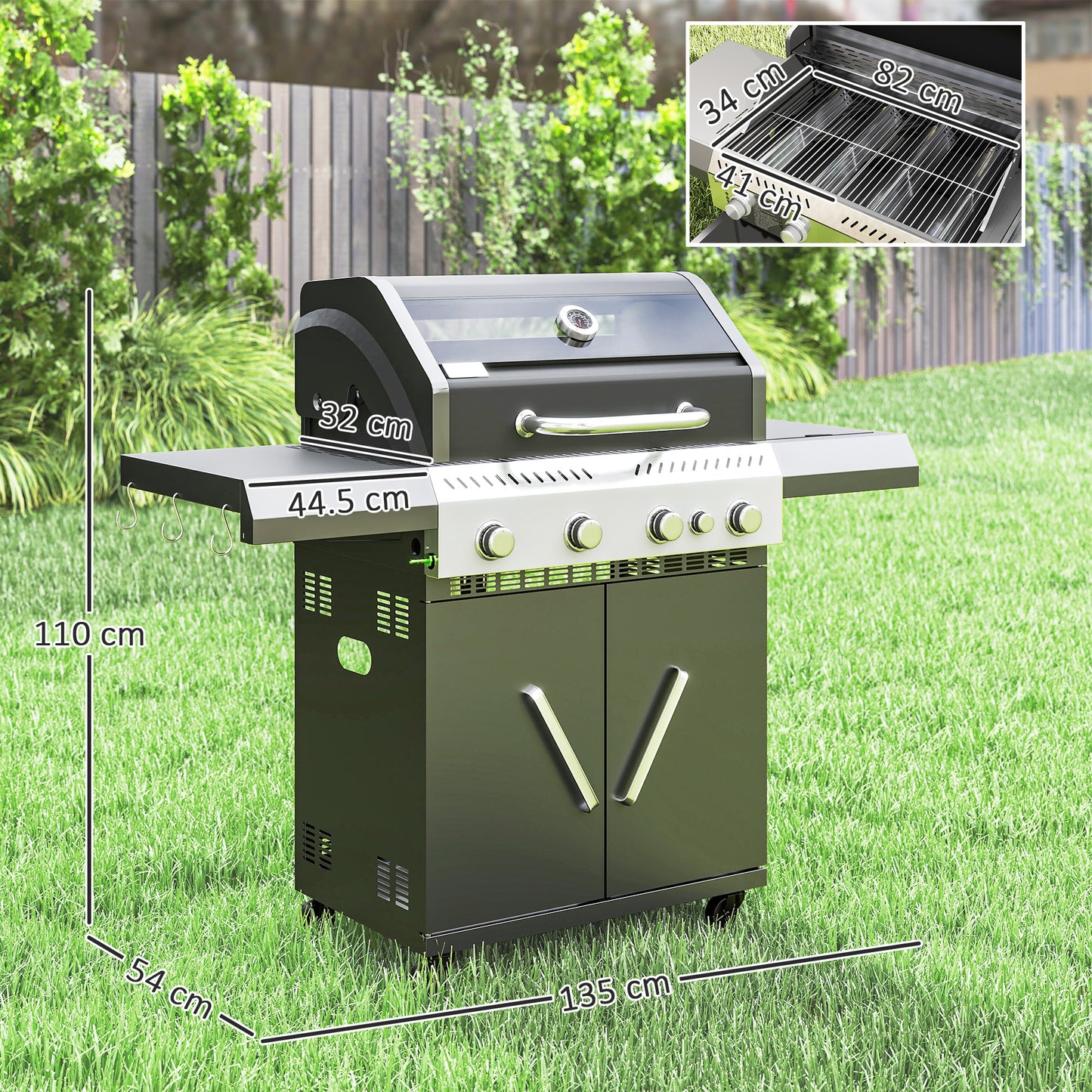 4+1 Burner Gas BBQ Grill with Clear View Lid, Portable Gas Barbecue Grill with Built-in Thermometer, Side Table, Cabinet, for Garden Party Outdoor Cooking