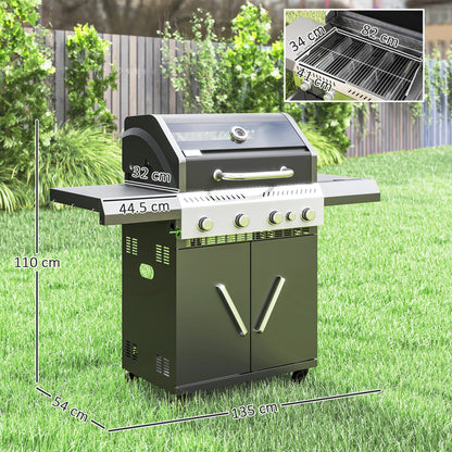 4+1 Burner Gas BBQ Grill with Clear View Lid, Portable Gas Barbecue Grill with Built-in Thermometer, Side Table, Cabinet, for Garden Party Outdoor Cooking