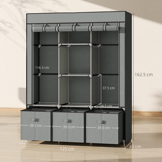 Fabric Wardrobe for Bedroom, Portable Wardrobe with 5 Shelves, 2 Hanging Rails and 3 Fabric Drawers, Foldable Closet