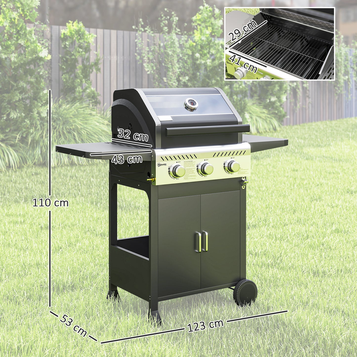 Outsunny 7.5kW Three-Burner Gas BBQ Grill, with See-Through Lid - Black