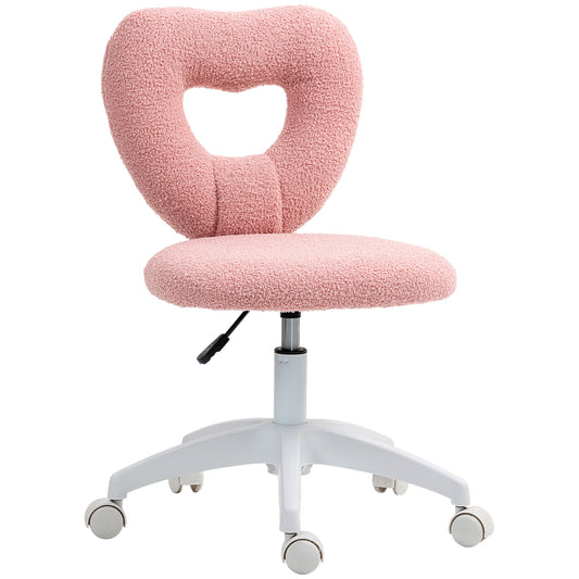 Armless Heart Computer Desk Chair, Teddy Fleece Swivel Office Chair, Makeup Vanity Chair with Height Adjustable, Wheels, for Home Bedroom Pink