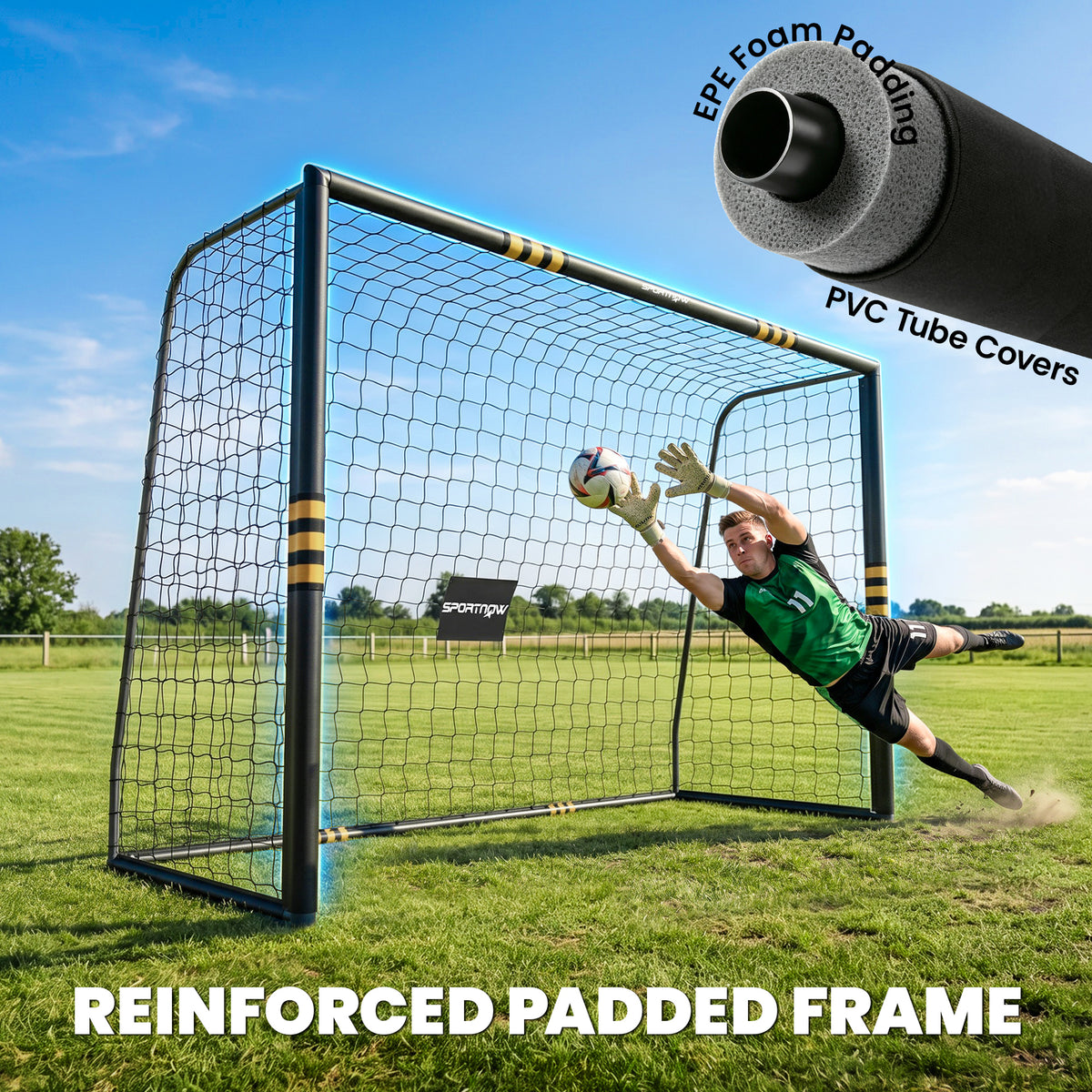 10 x 6.5ft Football Goal | Metal Frame | EPE Foam Padding | PE Net | Ground Stakes | Garden & Park Training | Yellow