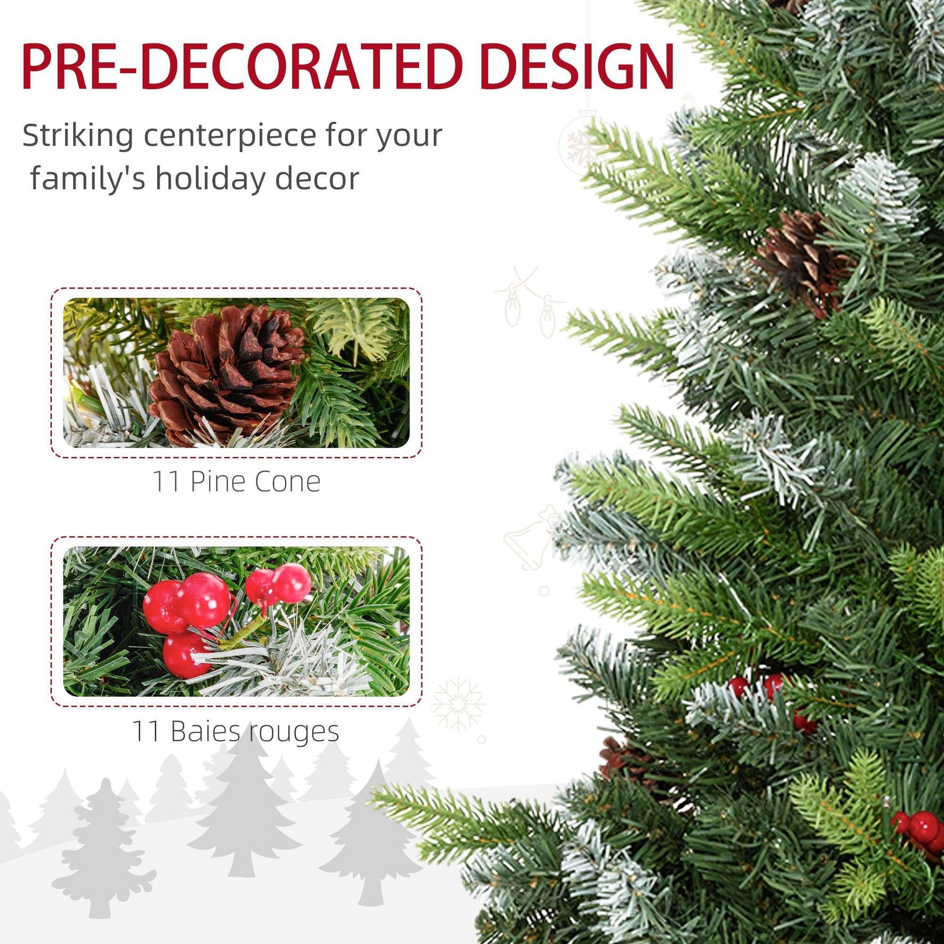 2 Pieces 3ft Prelit Artificial Christmas Tree with LED Light and 291 Tips, Concrete Base, For Tabletop with Pine Cones and Red Berries