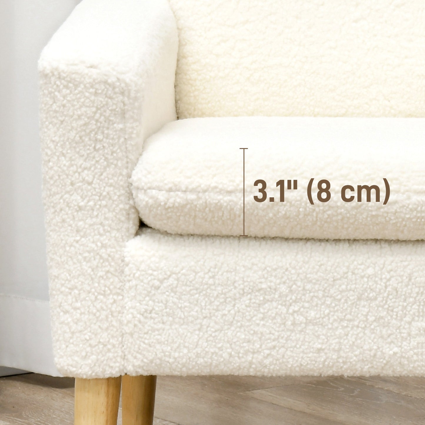 Modern Armchair, Upholstered Accent Chair with Wood Legs and Wide Padded Seat, Teddy Occasional Chair, Cream White