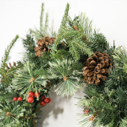 60cm Pre-Lit Christmas Wreath for Front Door with LED Lights, Pine Cones and Red Berries, Winter Wreath for Windows, Wall Decoration, Green