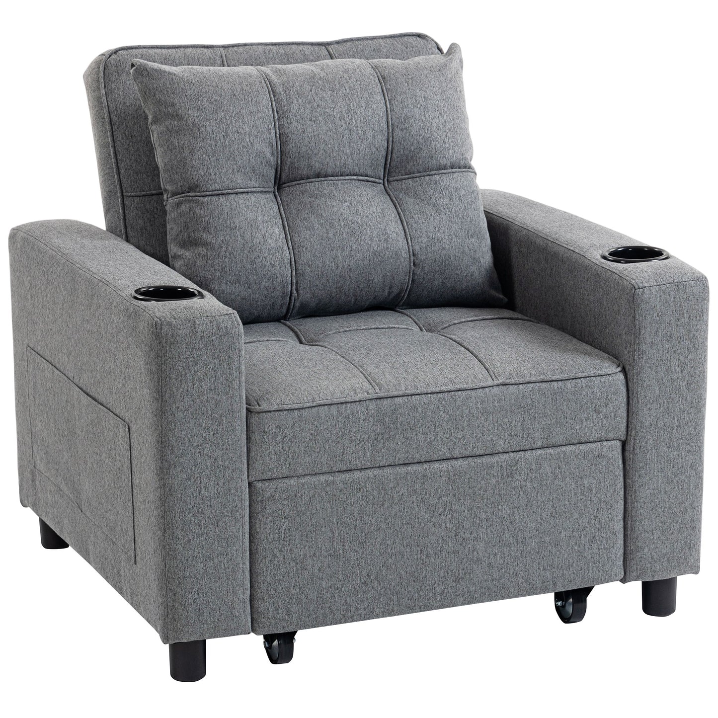 3-in-1 Single Sofa Bed | Armchair | Recliner | Sleeper | 95x190cm | 12cm Mattress | Cup Holders & Side Pockets | Pillow | 120kg | Dark Grey