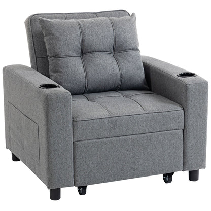 3-in-1 Single Sofa Bed | Armchair | Recliner | Sleeper | 95x190cm | 12cm Mattress | Cup Holders & Side Pockets | Pillow | 120kg | Dark Grey