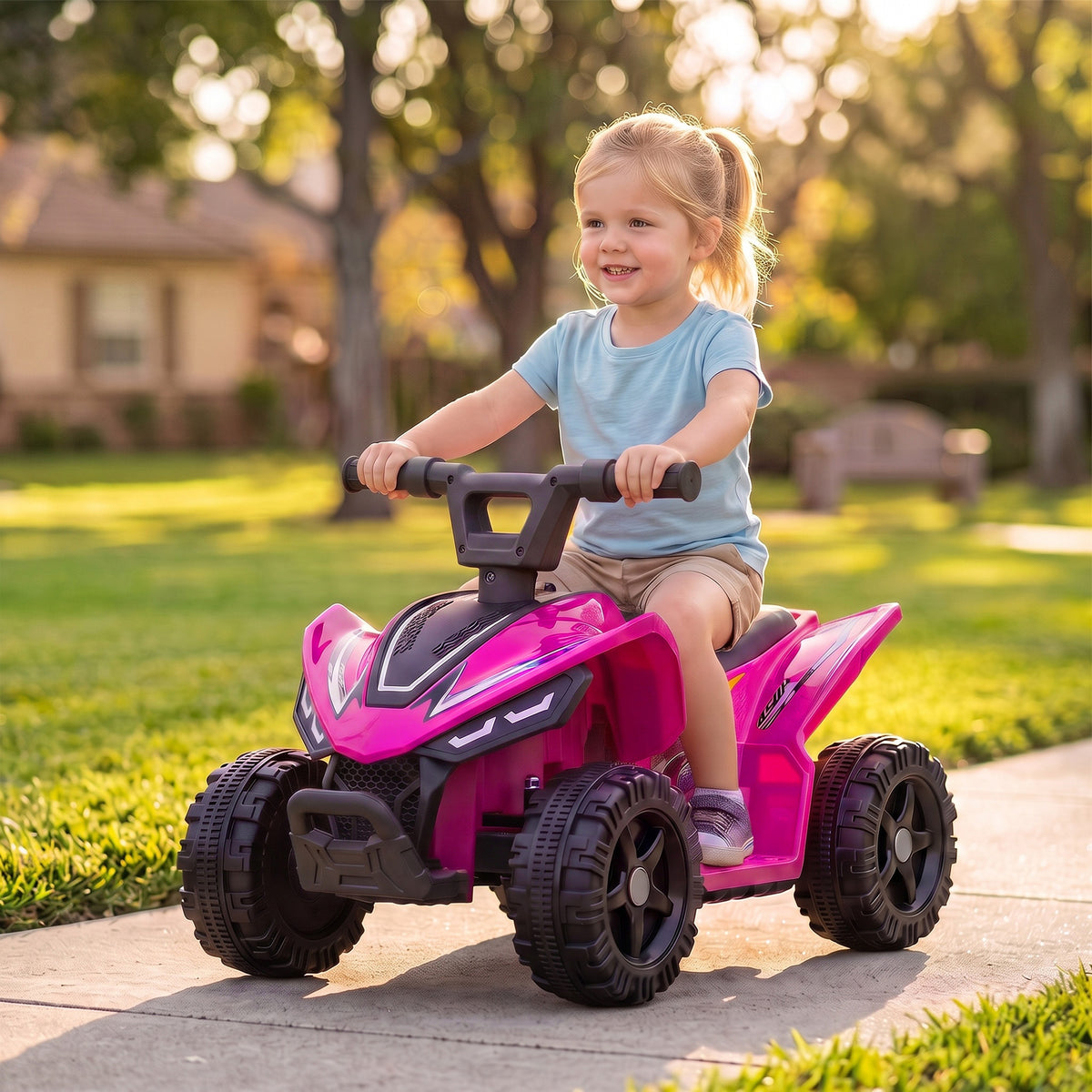 AIYAPLAY 6V Kids Electric Quad Bike | Hot Pink, Black or White | Handlebar Button Control | 2km/h Forward Ride | Ages 18–48 Months | 25kg Limit