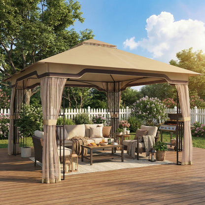 3.3x3.3m Permanent Garden Gazebo | Double-Tier UPF50+ Roof | Mesh Panels | Integrated Corner Shelves | Ceiling Hook | Triangular Powder-Coated Posts | Expansion Screws | Ground Stakes | Khaki