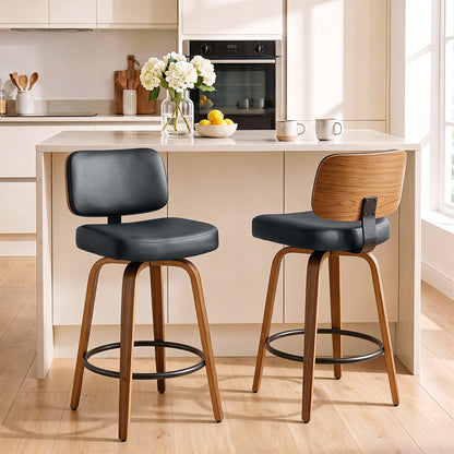 Bar Stools Set of 2 | 360° Swivel | 66cm Seat Height | 7.5cm Padded PU Seat | Curved Backrest | Steel Footrest | Poplar Wood Frame | Fire-Retardant Foam | 44x49x95cm | 120kg | Fits 89–99cm Bar Tables | Black