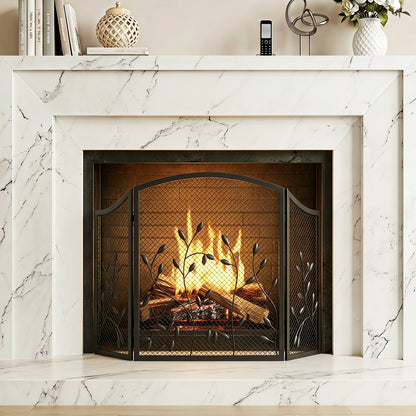3-Panel Folding Fireplace Screen | Powder-Coated Metal | Spark Guard | 122x75cm Open | Folds to 61cm | Adjustable Layout | No Assembly | Black