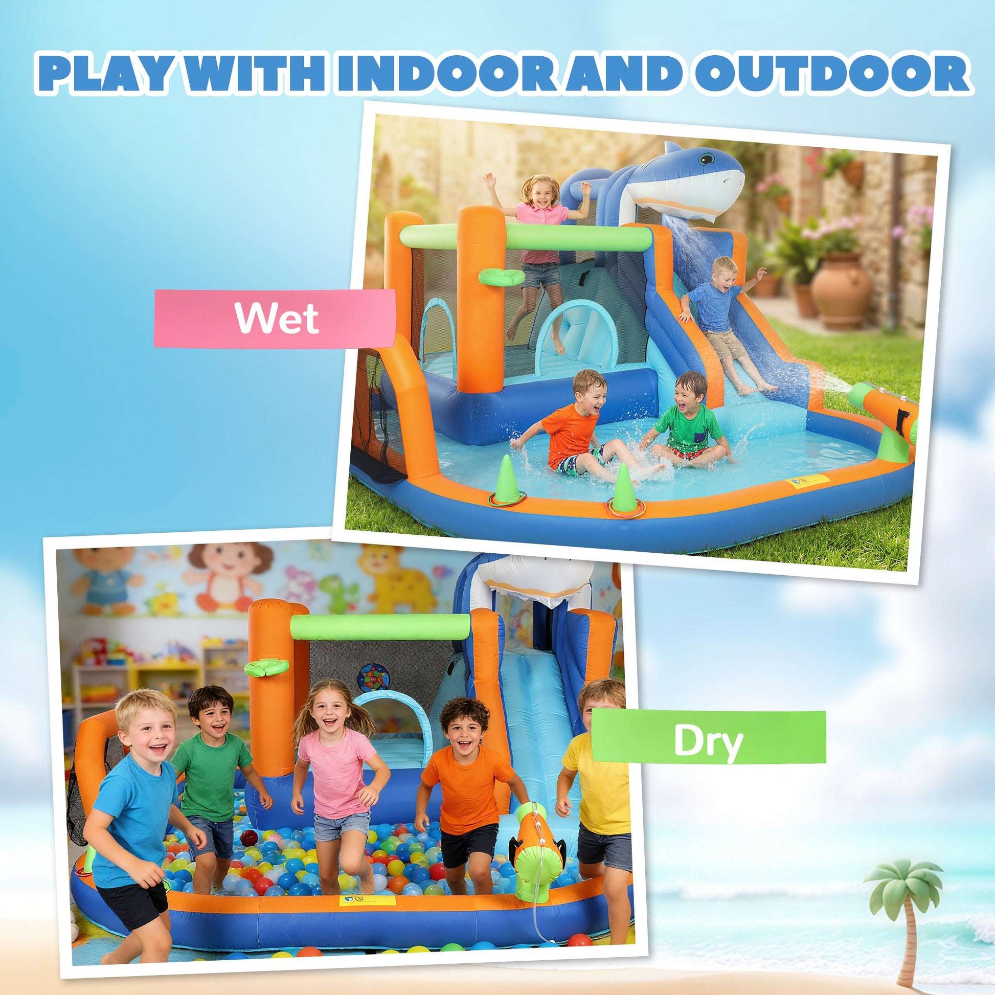 AIYAPLAY Inflatable Bouncy Castle for Kids, Sharks Theme Jumping Bounce House with Slide, Climbing Wall for Indoor Outdoor