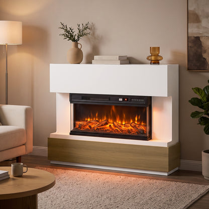117cm Three-Sided Electric Fireplace Suite | White Surround & Wood-Effect Base | 900/1800W, 12 Flame Colours, Remote & 8-Hour Timer