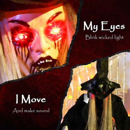 170 cm Life Size Halloween Animated Standing Witch & Staff with Glowing LED Eyes, Spooky Witch Scary Halloween Decorations, Battery Operated, Indoor Party Props