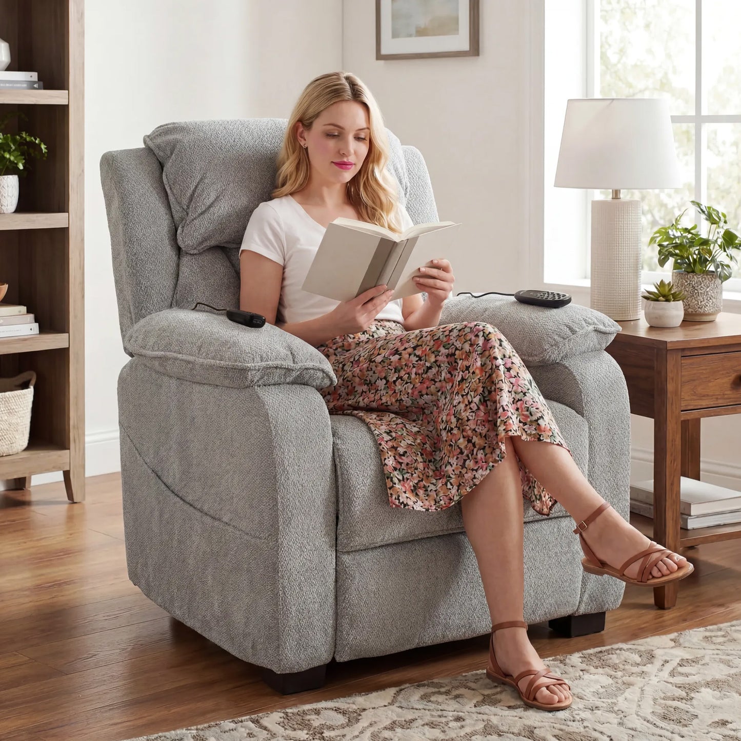Power Recliner Armchair with Massage & Heat | Electric Reclining Chair | Wide Spring Seat | Light Grey