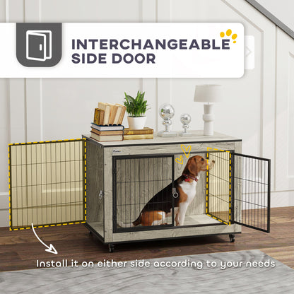 Dog Crate Furniture Side Table with Wheels | Double Doors | Interchangeable Side Door | Medium Dogs up to 20kg | 80 x 56 x 62.5cm | Grey