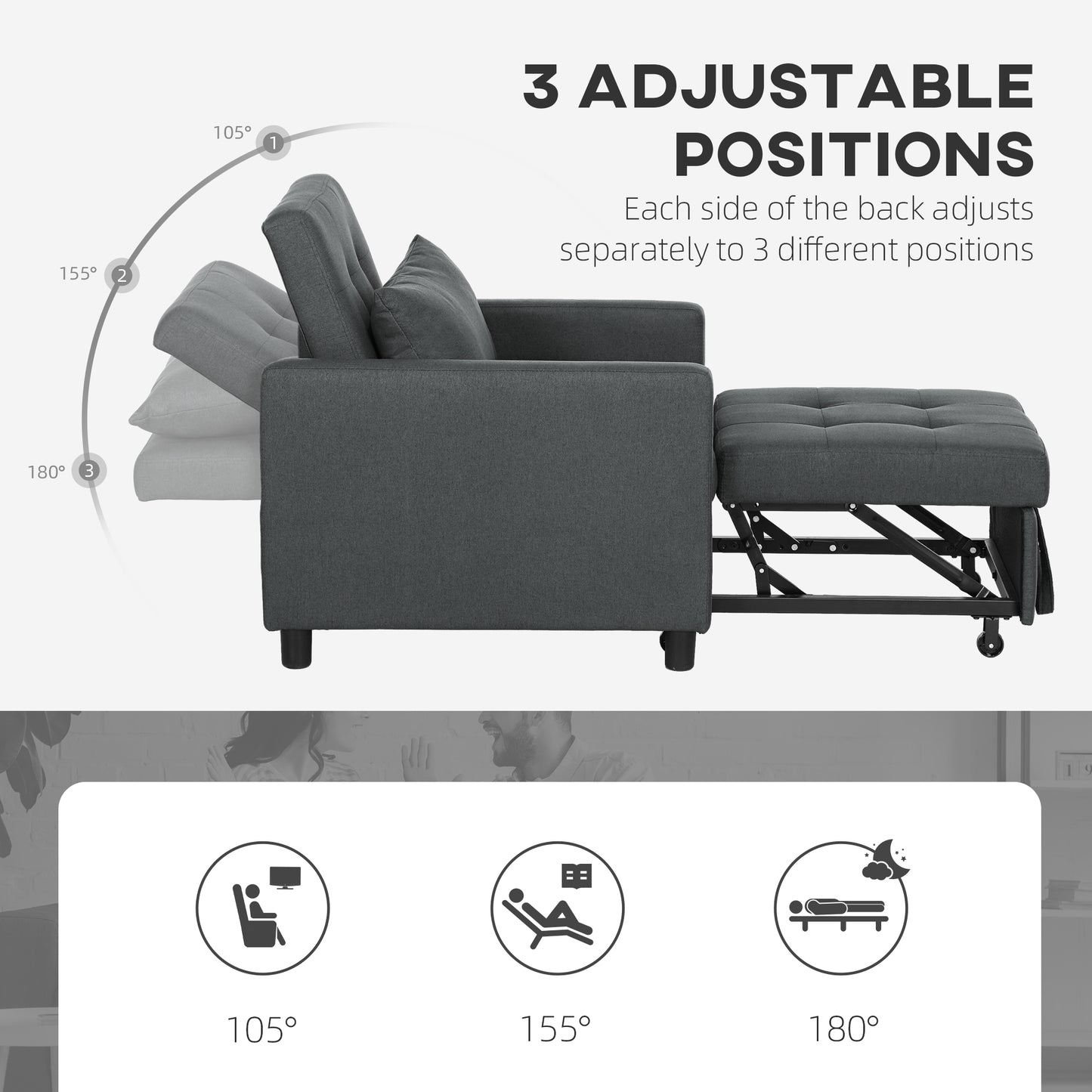 3-In-1 Chair Bed, Convertible Sleeper Chair with Adjustable Backrest, Pillow and Footrest for Living Room, Dark Grey