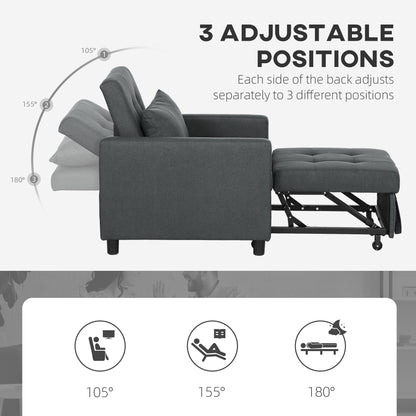 3-In-1 Chair Bed, Convertible Sleeper Chair with Adjustable Backrest, Pillow and Footrest for Living Room, Dark Grey
