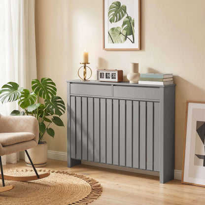 MDF & Particle Board Radiator Cover with 2 Drawers | Vertical Slats | Flat Top Display Surface | Wall Mountable | Pre-Cut Outs | 18kg Capacity | 119x19x93cm | Grey