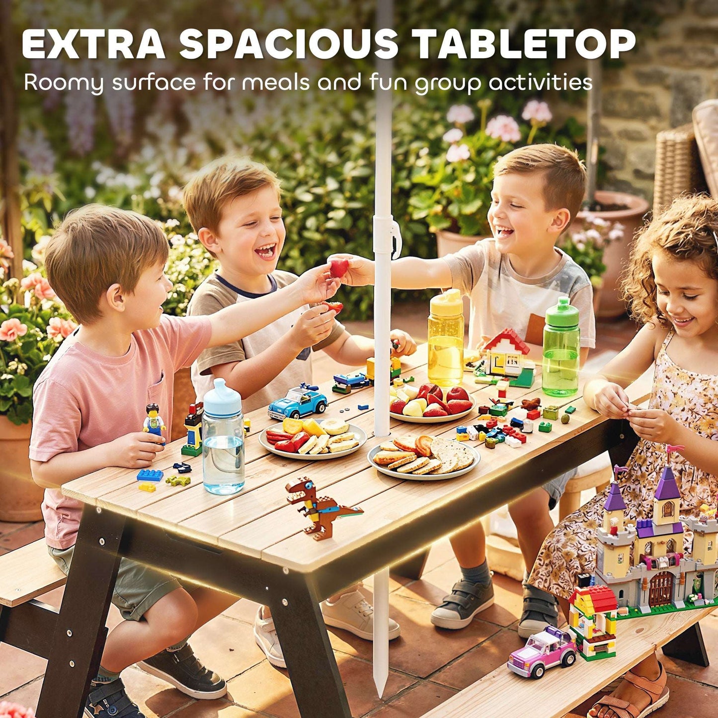 3-in-1 Kids Garden Table & Chair Set | Sand & Water Table | 2 Hidden Storage Boxes | Blue Striped Parasol | Fir Wood | Reinforced Metal Frame | Ages 3-6 | 113x95x160cm | Natural Wood