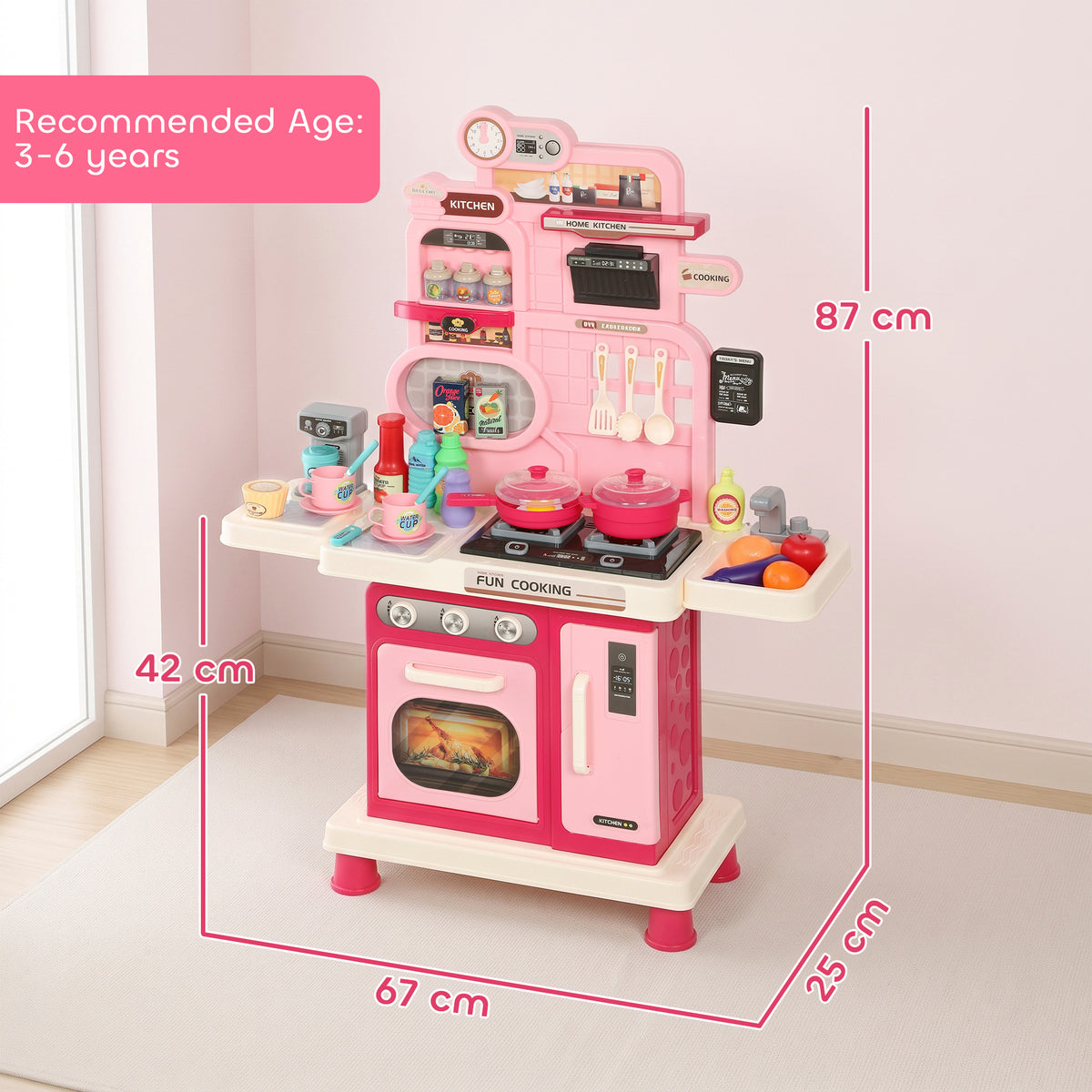 Kids Play Kitchen | Pink 33-Piece Pretend Cooking Set with Lights, Sounds & Water-Circulating Sink