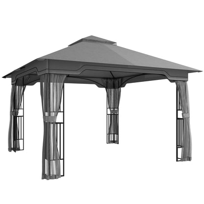 3.3x3.3m Garden Gazebo | Double-Tier UPF50+ Roof | 4 Mesh Panels | Triangular Powder-Coated Metal Frame | Corner Shelves | Roof Drainage Holes | Expansion Screws & Ground Stakes | Ceiling Hook | Dark Grey
