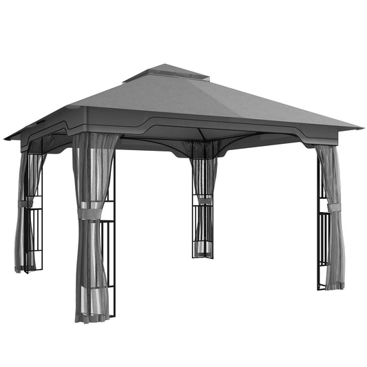 3.3x3.3m Garden Gazebo | Double-Tier UPF50+ Roof | 4 Mesh Panels | Triangular Powder-Coated Metal Frame | Corner Shelves | Roof Drainage Holes | Expansion Screws & Ground Stakes | Ceiling Hook | Dark Grey