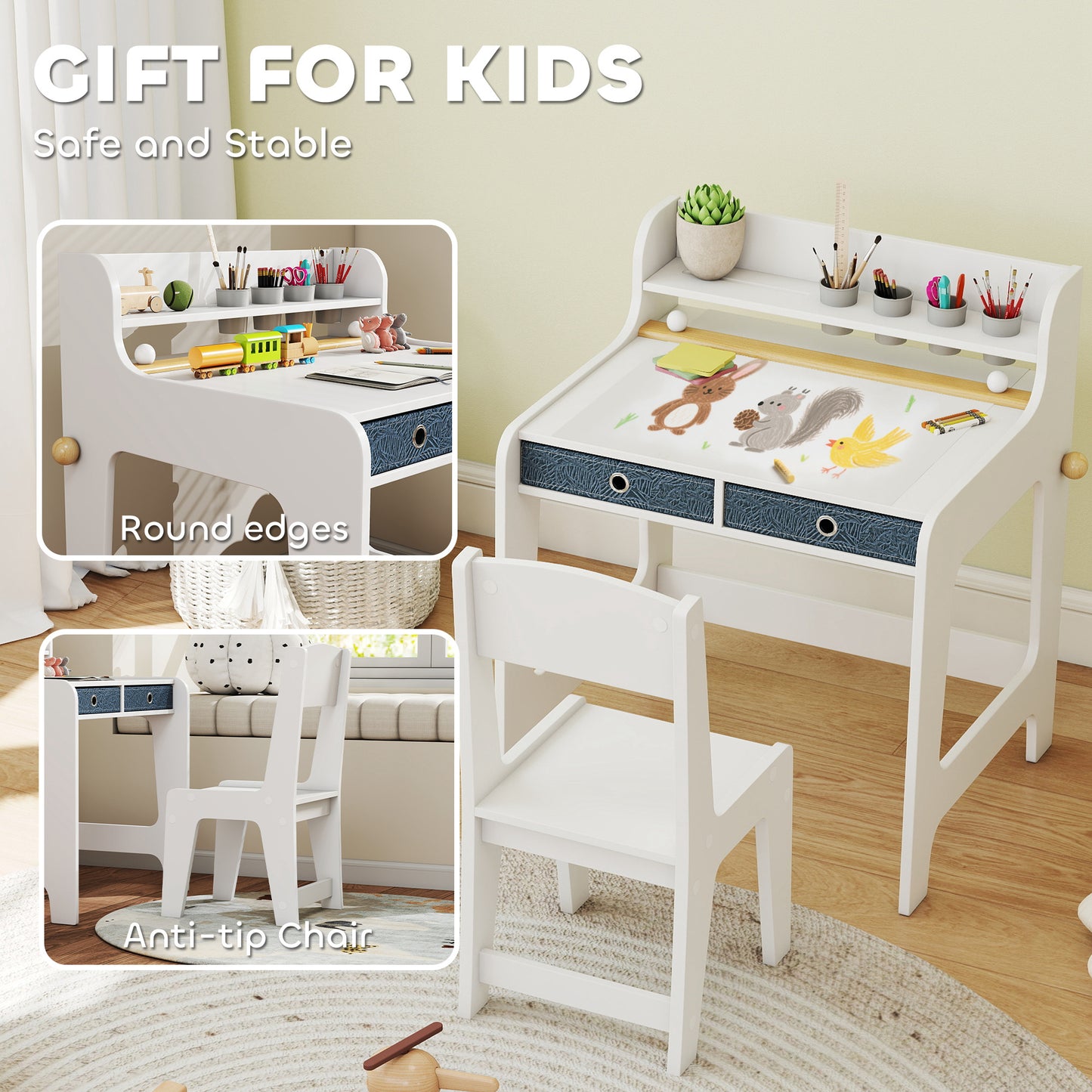 AIYAPLAY Art Table and Chair Set for children, Kids Art Desk and Chair Set with Storage Shelf and Drawers
