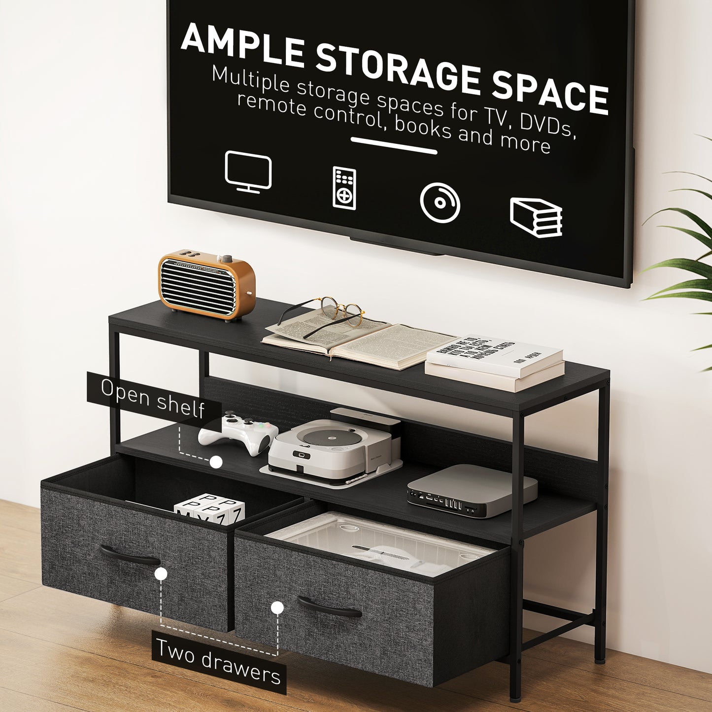 TV Stand Cabinet with 2 Foldable Drawers - Black / White