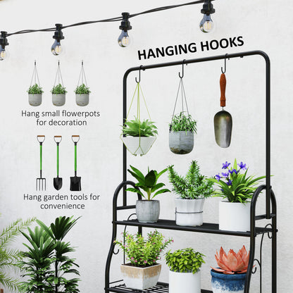 3 Tier Plant Stand with Hanging Rod and Hooks, Metal Plant Rack Shelf, Ladder Flower Pot for Indoor Outdoor, Black