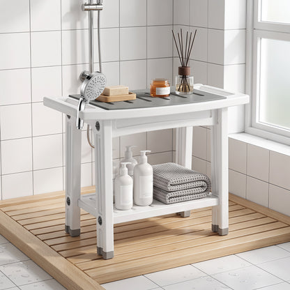 2-Tier Shower Bench & Stool | HDPE | EVA Seat Pad | Built-In Shelf & Shower Holder | 120kg | 55.5x31.5x46.5cm | White & Grey