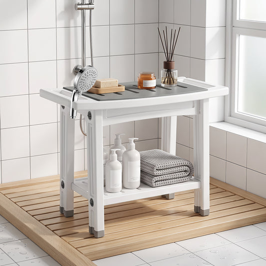 2-Tier Shower Bench & Stool | HDPE | EVA Seat Pad | Built-In Shelf & Shower Holder | 120kg | 55.5x31.5x46.5cm | White & Grey