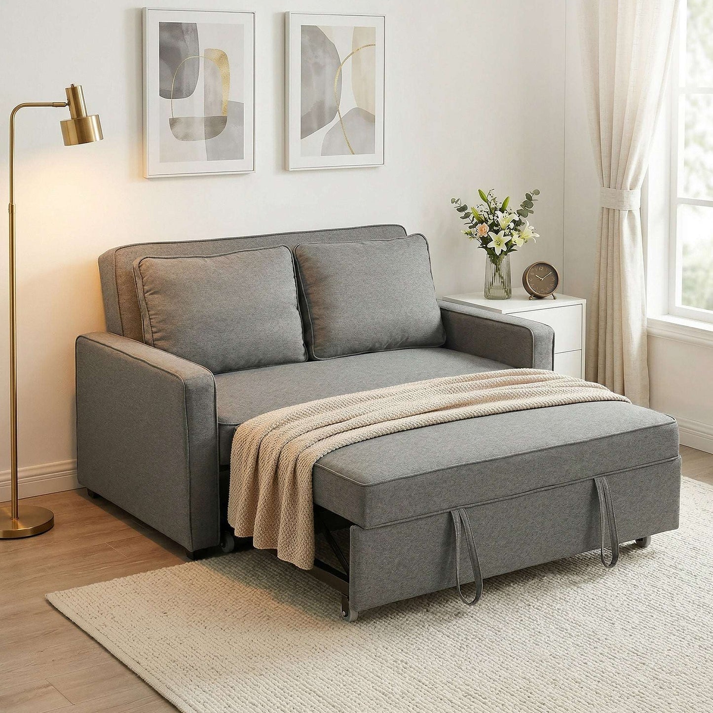 3-in-1 2-Seater Sofa Bed | Click-Clack 3-Position Backrest | Eucalyptus Wood Frame | 12cm High-Density Foam | Faux Linen Upholstery | 2 Washable Pillows | 220kg Max | Sofa 148x86x91.5cm | Bed 126x175x45cm | Grey