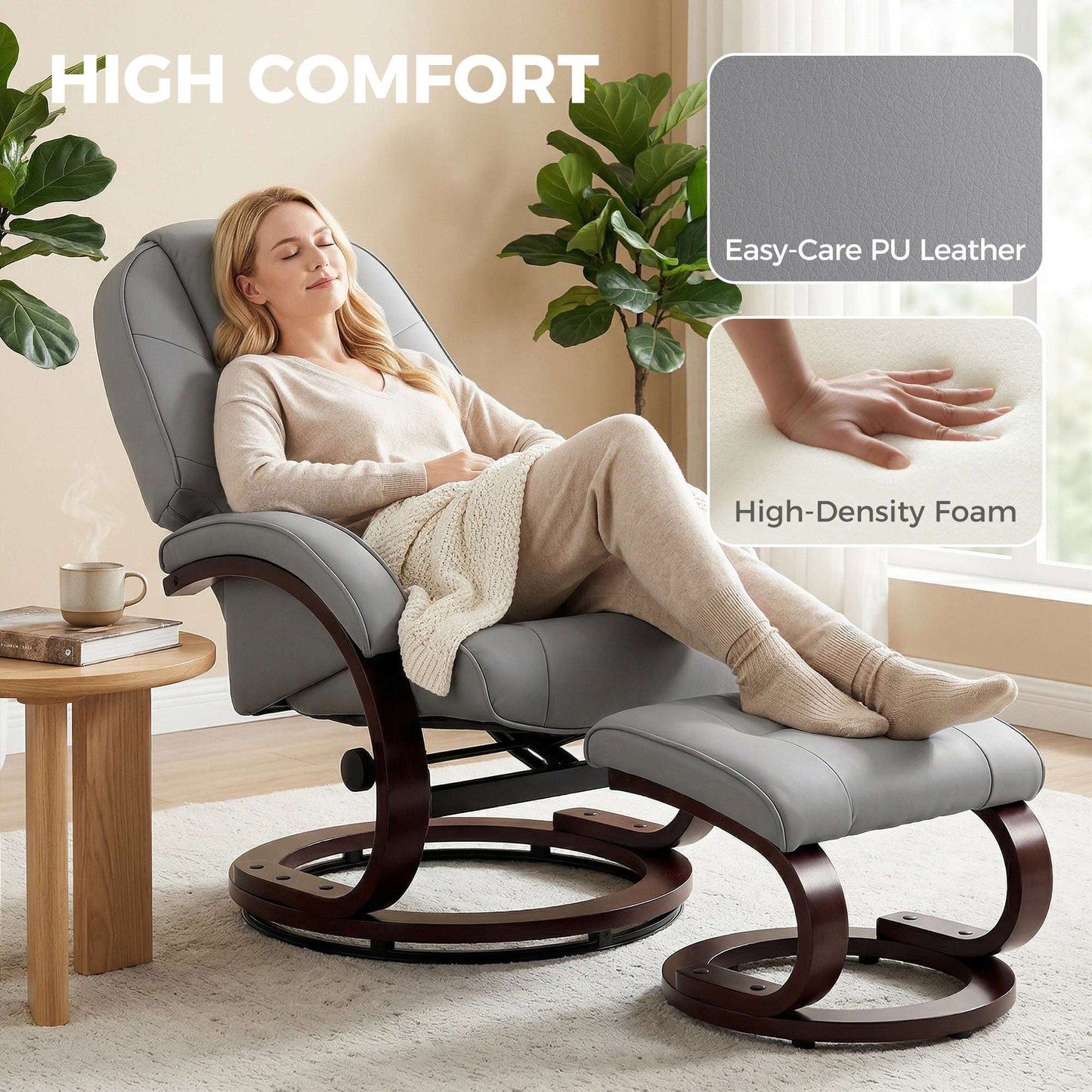 Swivel Recliner Chair & Footstool | PU Leather | 360° Swivel | 135° Recline | Bent Wood Frame | 120kg | Grey