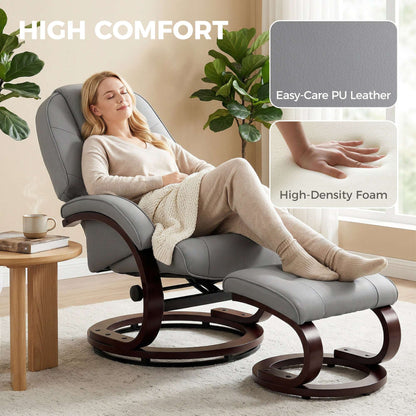 Swivel Recliner Chair & Footstool | PU Leather | 360° Swivel | 135° Recline | Bent Wood Frame | 120kg | Grey