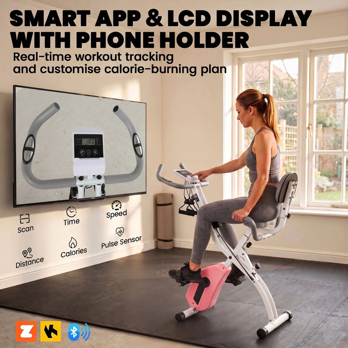 4-in-1 Folding Exercise Bike | Upright & Recumbent | Resistance Bands | Bluetooth Zwift & Kinomap | 8-Level Magnetic Resistance | 40dB | LCD Display | 120kg | Folds to 53.5x48x135cm | Pink