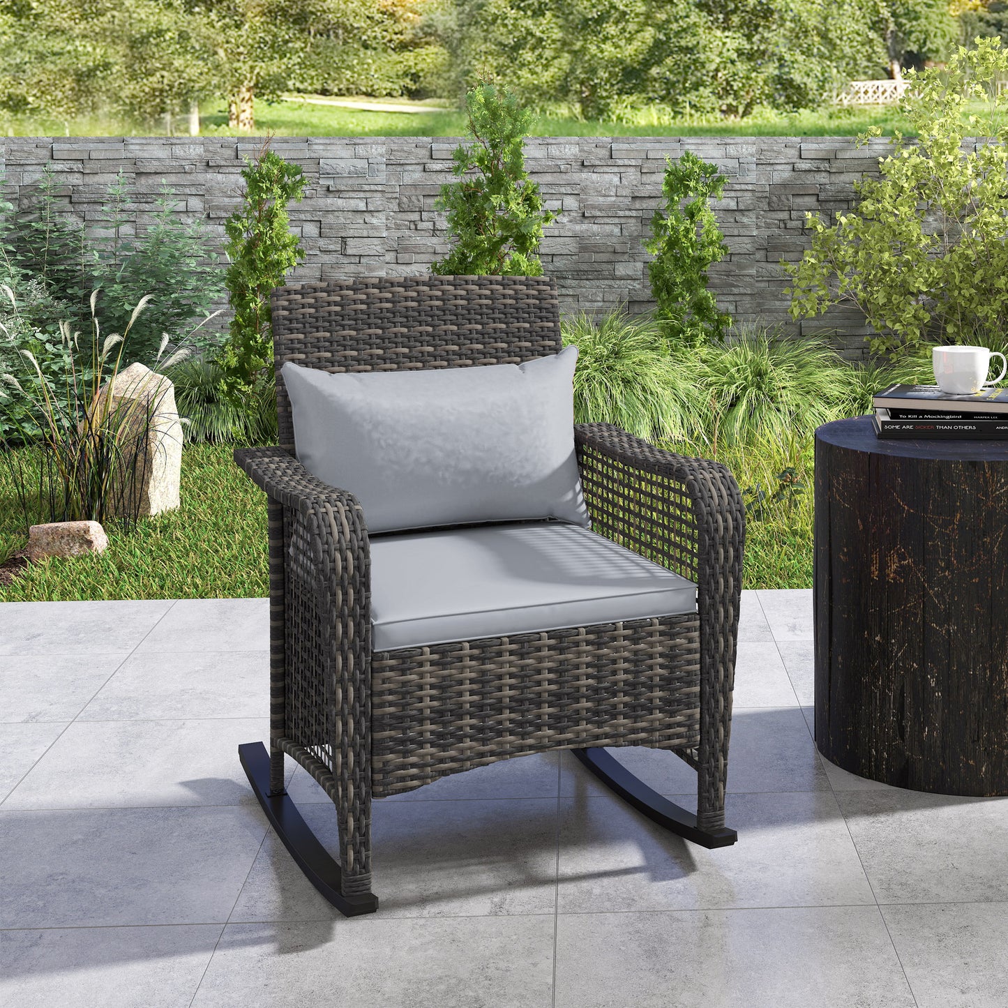 Garden Rocking Chair, Outdoor Rattan Rocker Lounge Chair with Seat and Back Cushions with All-weather Wicker, Steel Frame for Porch Balcony, Light Grey