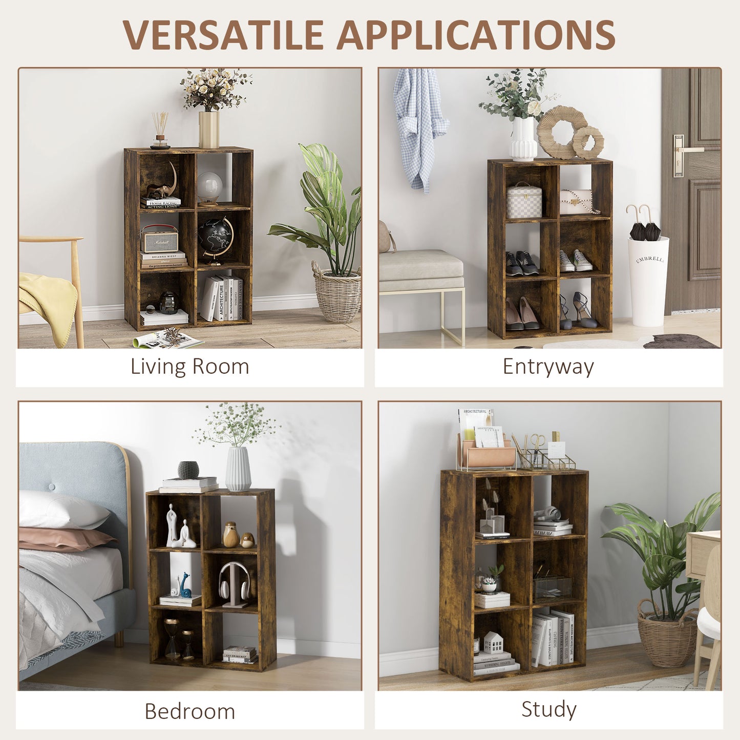 3-tier 6 Cubes Storage Unit Particle Board Cabinet Bookcase Organiser Home Office Shelves Rustic Brown