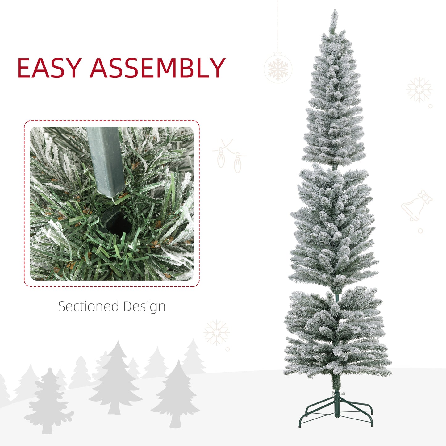 7ft Artificial Pencil Christmas Tree with 405 Snow Flocked Tips, Metal Base, Realistic Xmas Tree