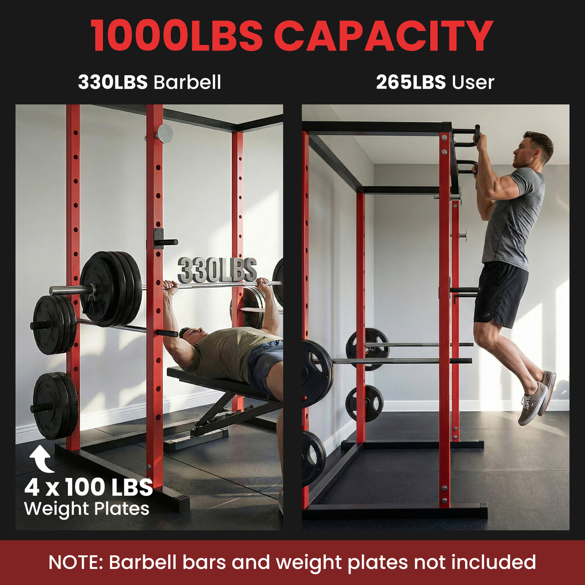 SPORTNOW Power Tower | Adjustable Squat Rack | Red & Black Steel | 160x112x215cm | 460kg Max Load | 11 Height Levels | Pull-Up Bar | Dip Station | Safety Arms | Plate Storage | Home Gym Strength Training