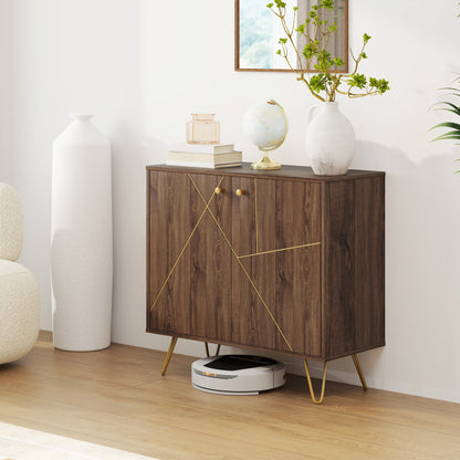Sideboard Storage Cabinet with Golden Steel Lines, modern rustic Kitchen Buffet Cabinet W/ Adjustable Shelf Steel Legs Brown