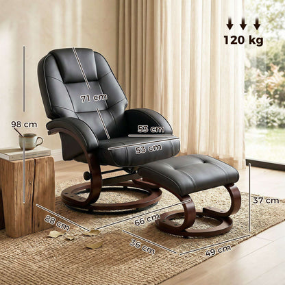 Swivel Recliner Chair & Footstool | PU Leather | 360° Swivel | 135° Recline | Bent Wood Frame | 120kg | Black