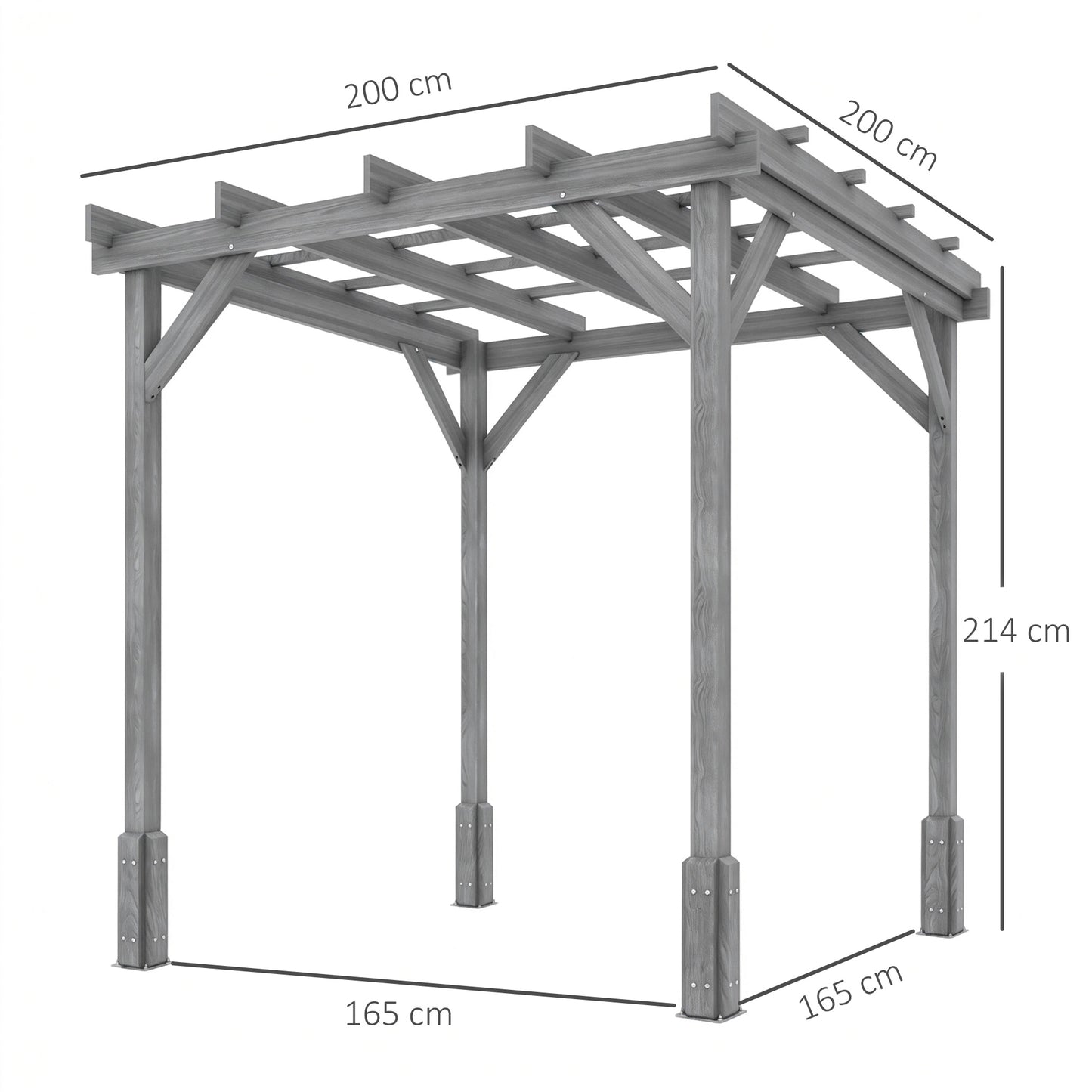 2x2m Wooden Garden Pergola | Fir Wood | Climbing Plants | Anchor Bolts | Windproof Level 6-7 | Grey